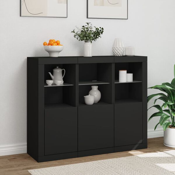 3er Set Sideboards mit LED Schwarz Holzwerkstoff 123 x 37 x 100 cm