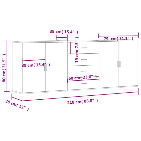 Sideboard Weiß aus Holzwerkstoff 3er Set 2× 79 cm & 1× 60 cm