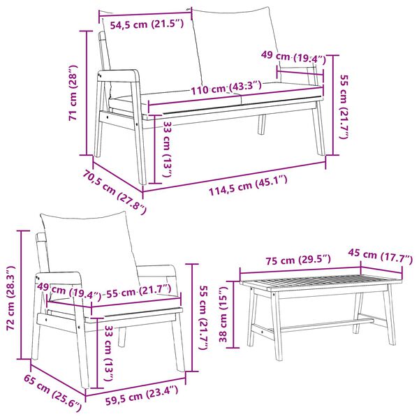 4-tlg. Bistro Set Akazienholz Dunkelgrau Gartenmöbel Set mit Bank, Tisch & 2 Stühlen