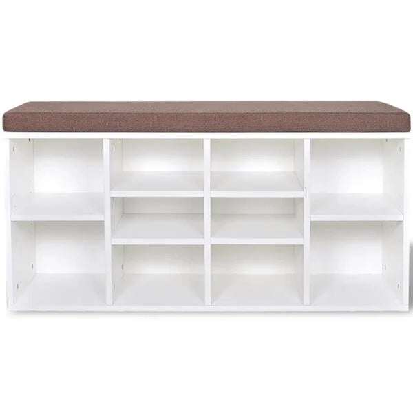 Sitzbank Weiß mit Sitzpolster und Schuhregalen aus Holzwerkstoff 103x30x48 cm