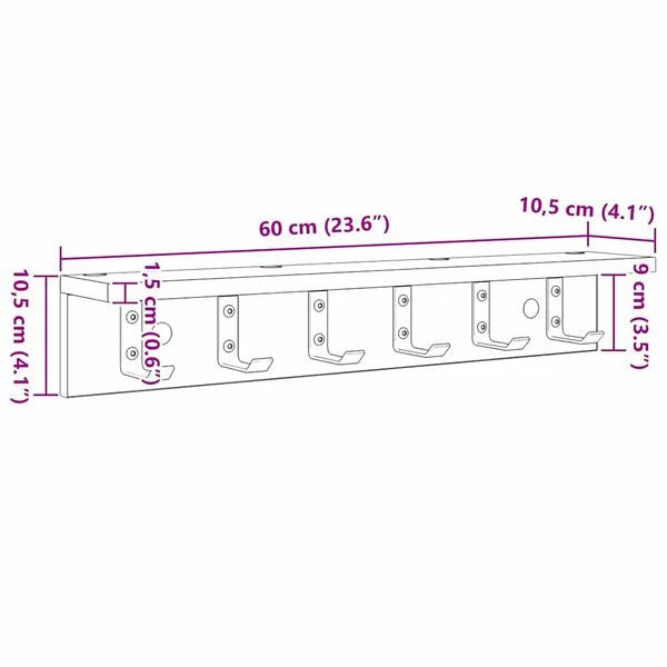 Wandregal aus Holzwerkstoff Schwarz mit Haken 60 x 10,5 x 10,5 cm