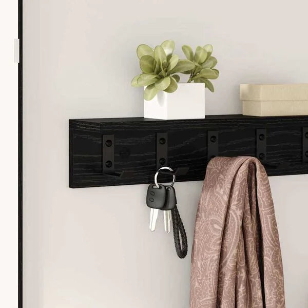 Wandregal aus Holzwerkstoff Schwarz mit Haken 60 x 10,5 x 10,5 cm